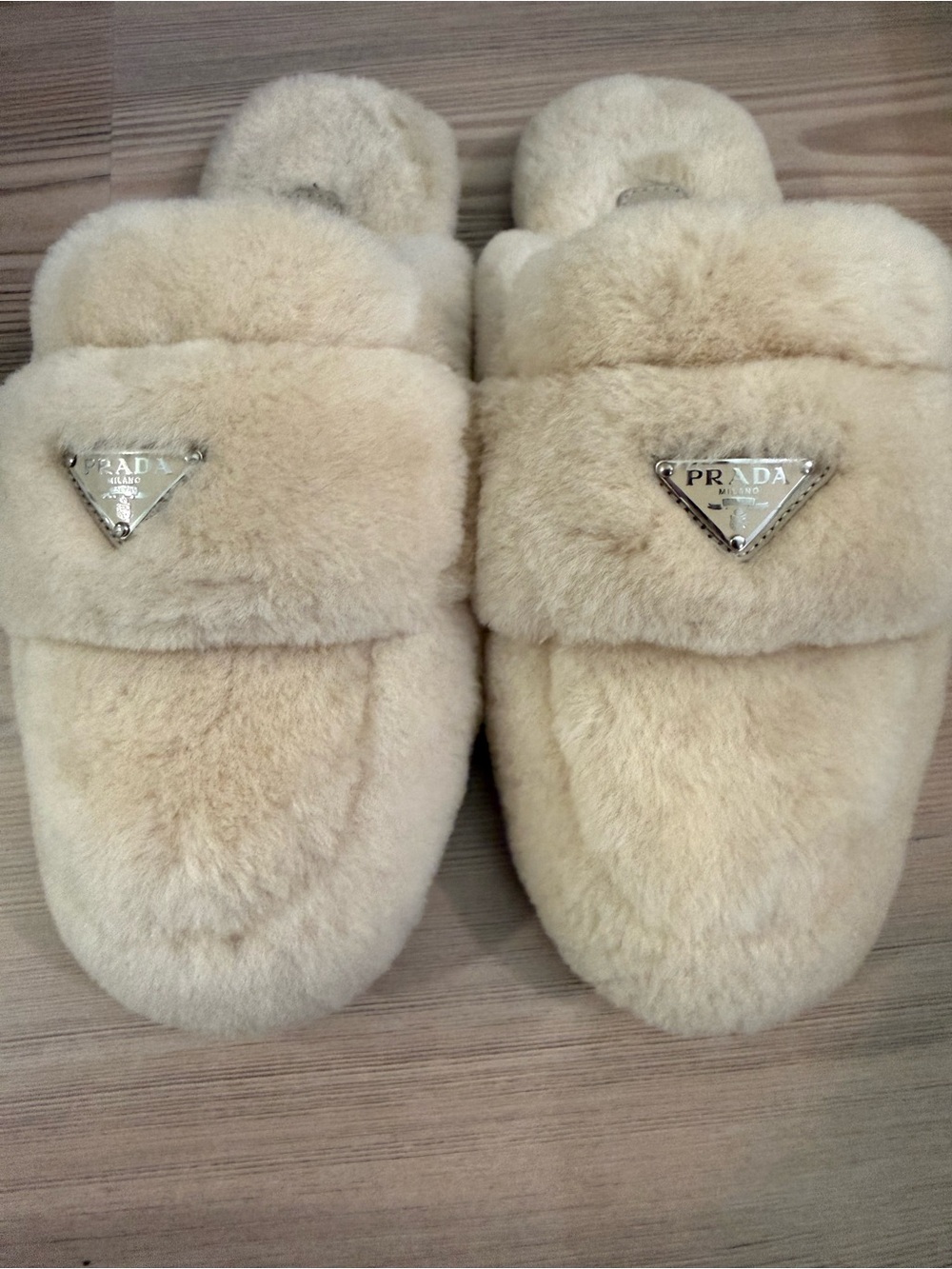 Prada Cream Faux-Shearling Slide Slippers with Metal Triangle Logo